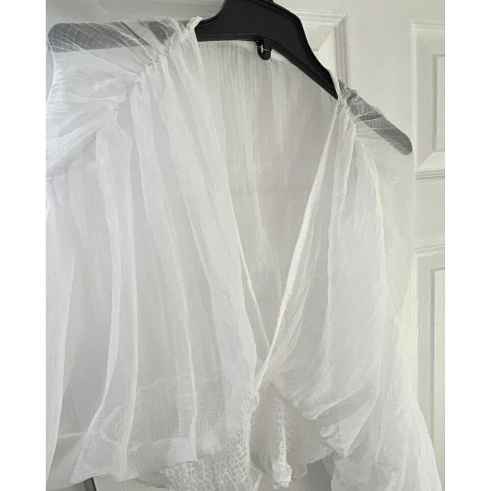 Women’s White Sheer Smocked Ruffle V-Neck Long Puff Sleeve Crop Blouse M/L 0082
